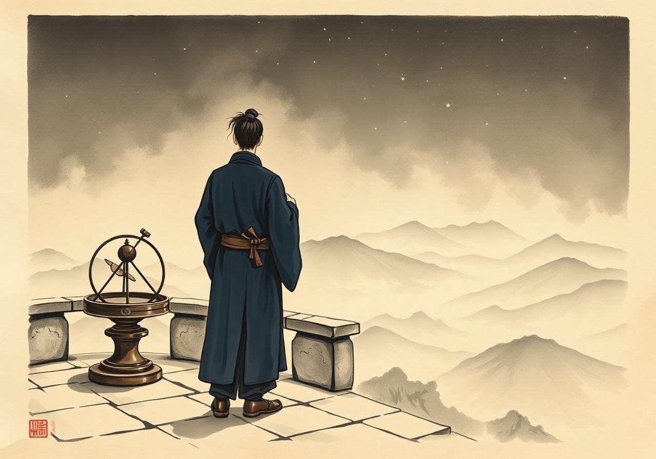 A court astronomer of the Imperial Astronomical Bureau observing the night sky from a stone terrace, in the style of Song-dynasty ink wash.